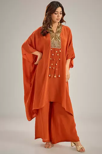 Orange embroidered crepe kaftan set