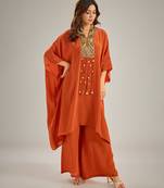 Orange embroidered crepe kaftan set