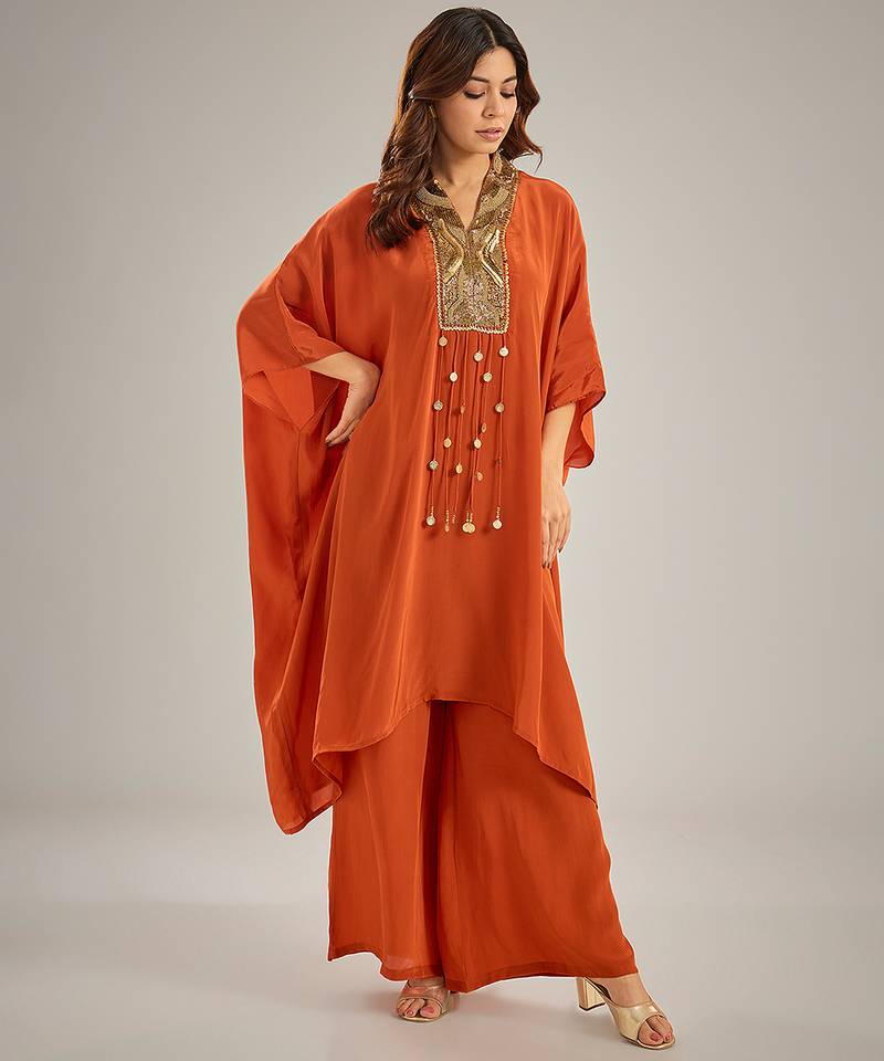 Orange embroidered crepe kaftan set