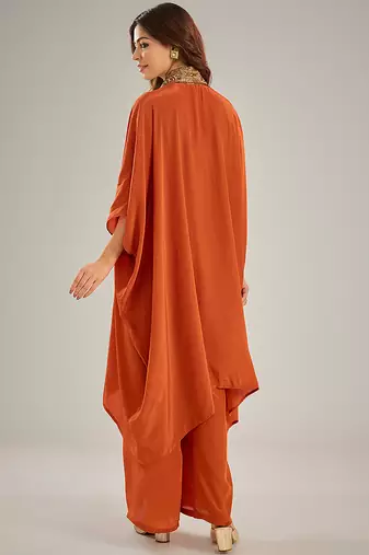 Orange embroidered crepe kaftan set