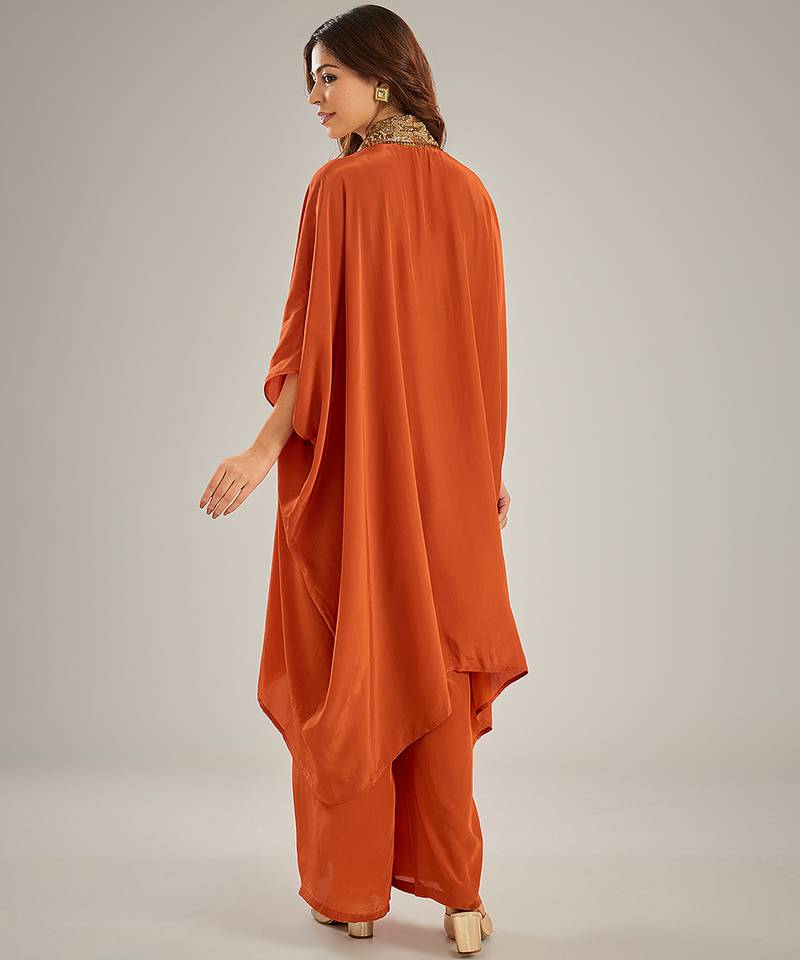 Orange embroidered crepe kaftan set