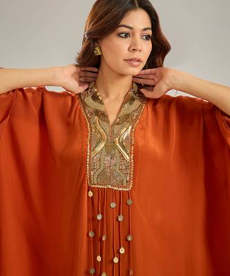Orange embroidered crepe kaftan set 4