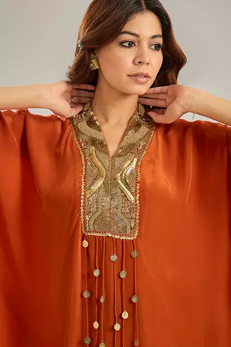 Orange embroidered crepe kaftan set