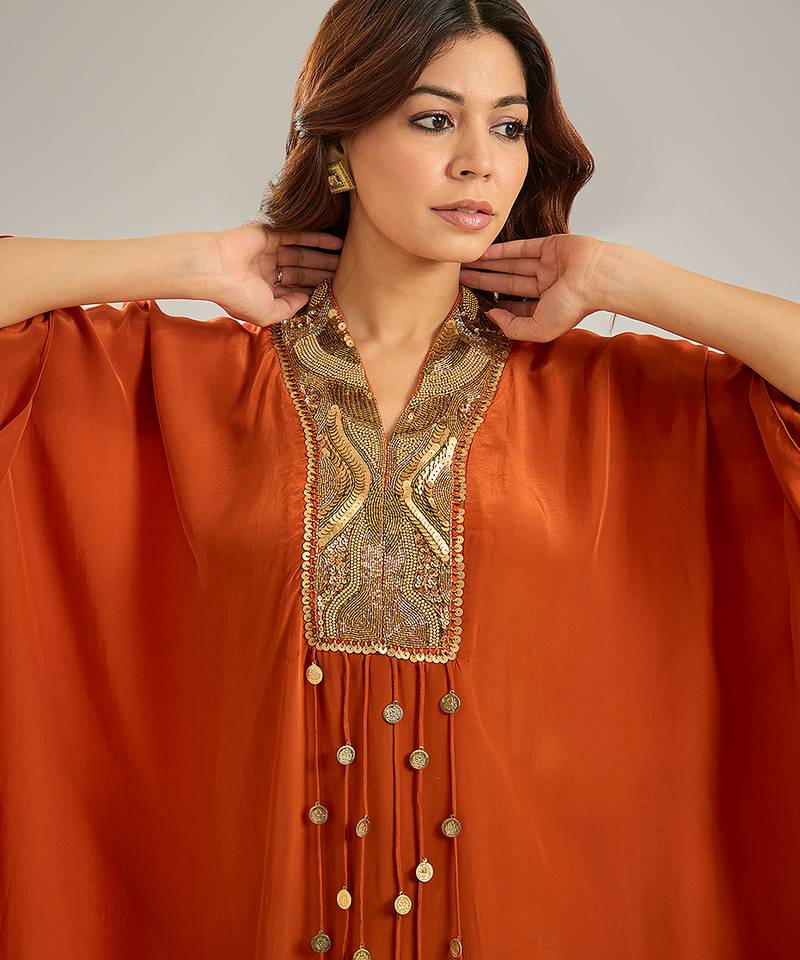 Orange embroidered crepe kaftan set