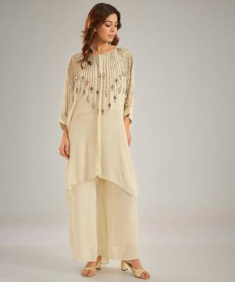 Ivory embroidered silk kaftan set 1