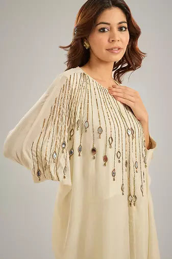 Ivory embroidered silk kaftan set
