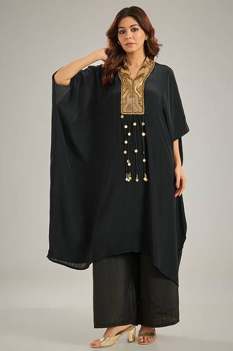 Black embroidered crepe kaftan set