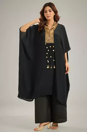 Black embroidered crepe kaftan set