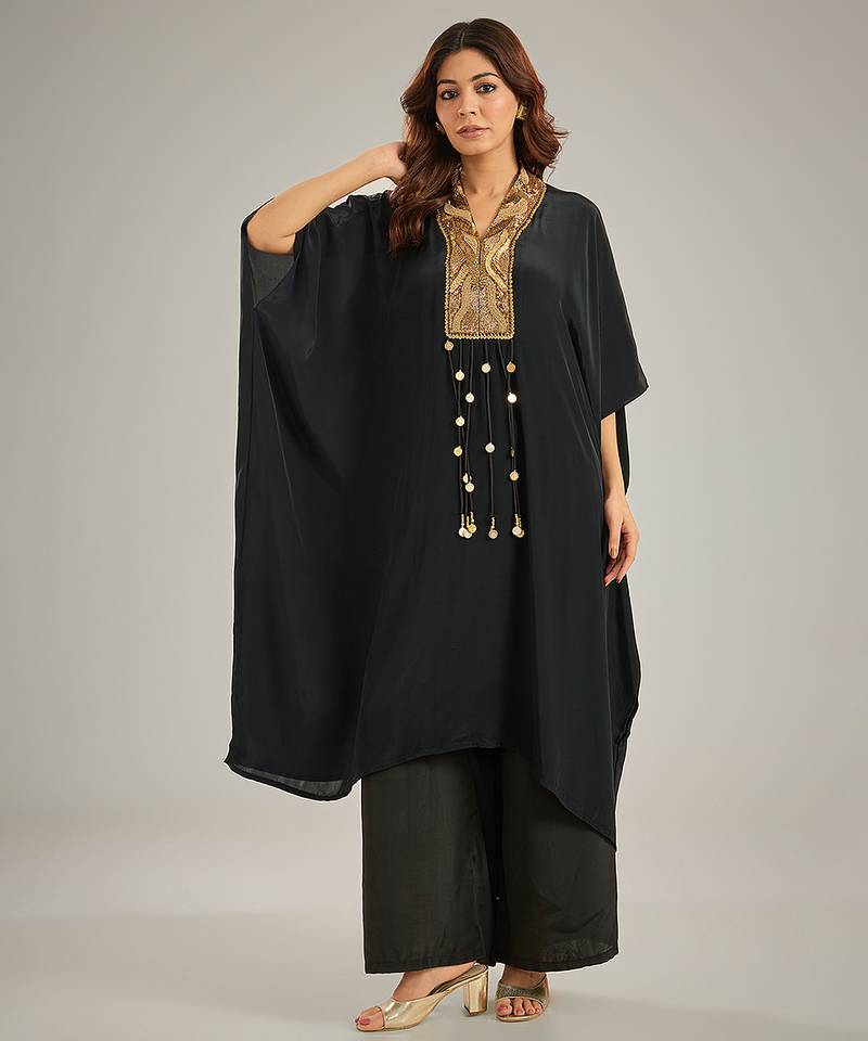 Black embroidered crepe kaftan set
