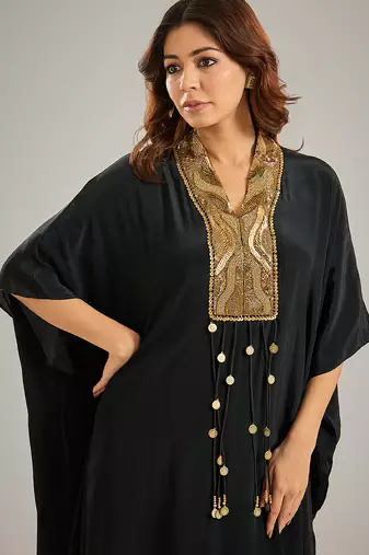 Black embroidered crepe kaftan set