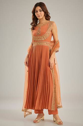Orange embroidered crepe anarkali