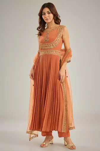 Orange embroidered crepe anarkali