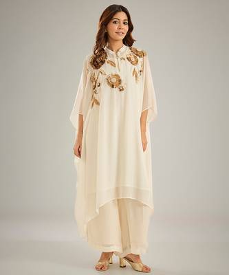 Ivory embroidered crepe kaftan set 1