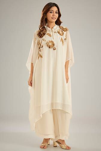Ivory embroidered crepe kaftan set