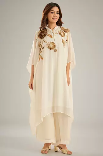 Ivory embroidered crepe kaftan set