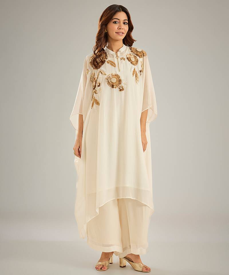 Ivory embroidered crepe kaftan set