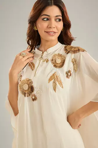 Ivory embroidered crepe kaftan set