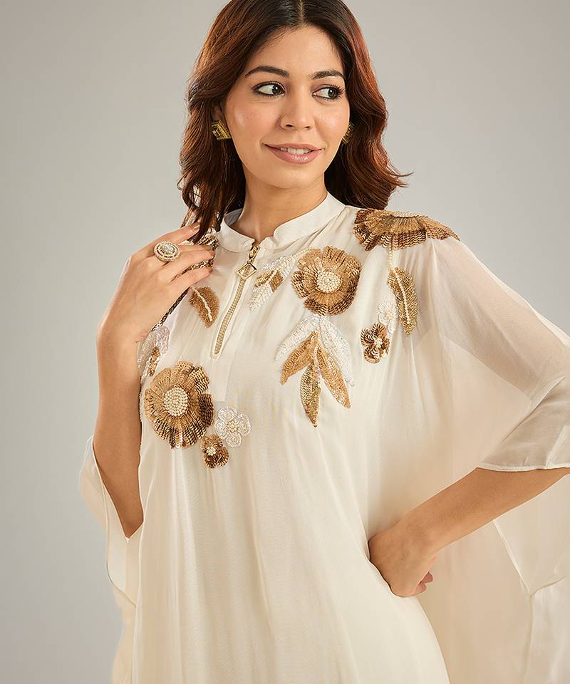 Ivory embroidered crepe kaftan set