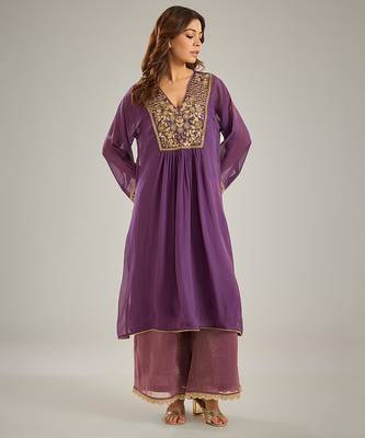 Purple embroidered organza kurta set 1
