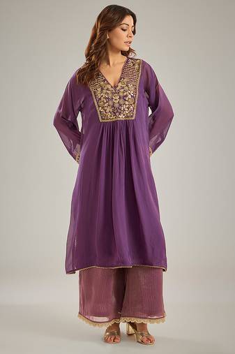 Purple embroidered organza kurta set