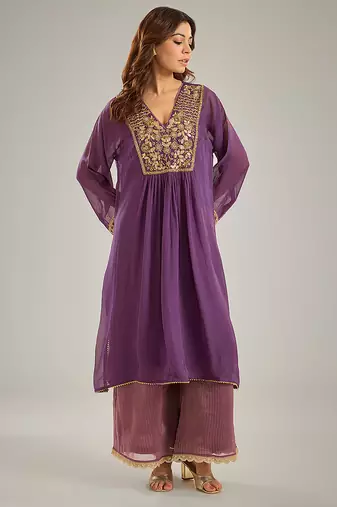 Purple embroidered organza kurta set