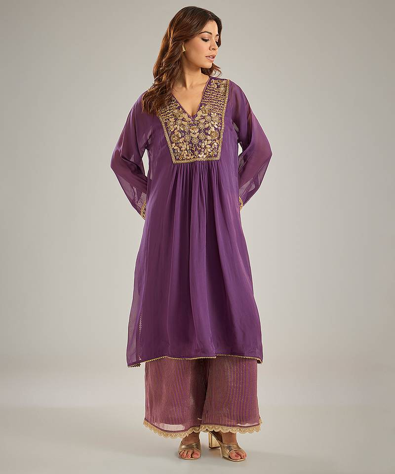 Purple embroidered organza kurta set
