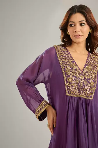 Purple embroidered organza kurta set