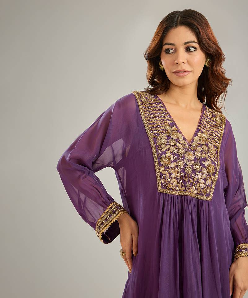 Purple embroidered organza kurta set