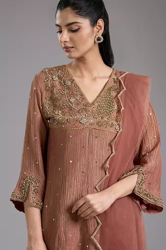 Pink embroidered tissue kurta set