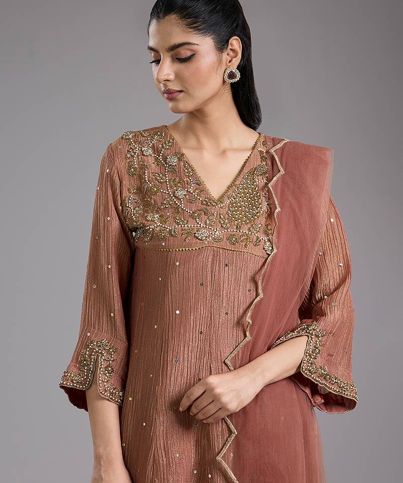 Pink embroidered tissue kurta set