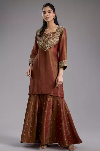 Pink embroidered tissue sharara set