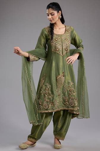 Green embroidered tissue anarkali
