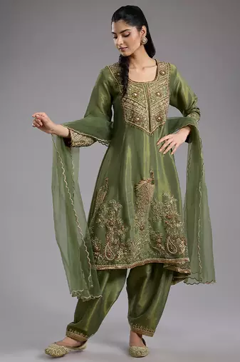 Green embroidered tissue anarkali