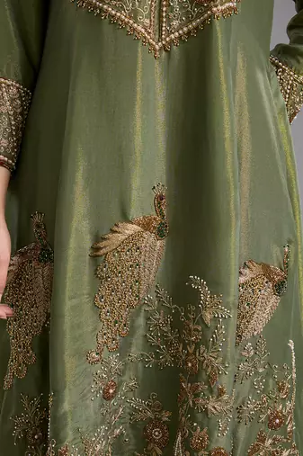 Green embroidered tissue anarkali