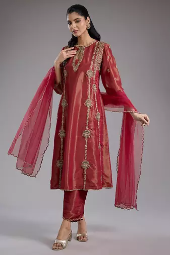 Red embroidered tissue kurta set