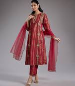 Red embroidered tissue kurta set