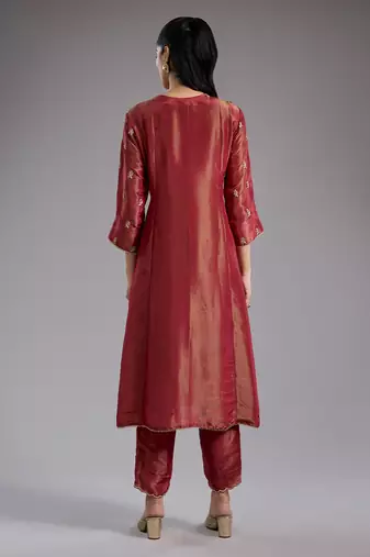 Red embroidered tissue kurta set