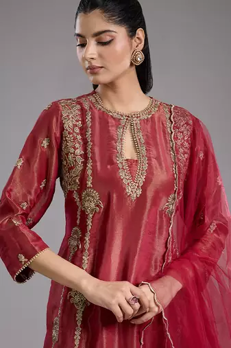 Red embroidered tissue kurta set
