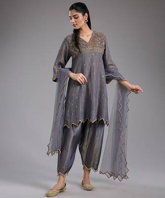 Grey embroidered tissue Kurta Set 1