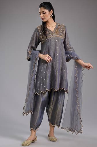 Grey embroidered tissue Kurta Set