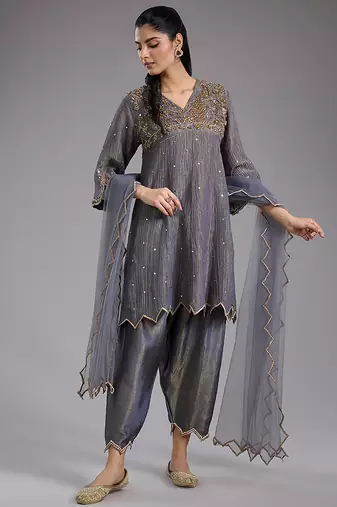 Grey embroidered tissue Kurta Set