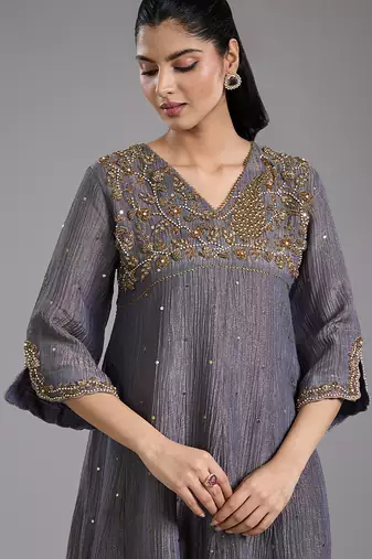 Grey embroidered tissue Kurta Set