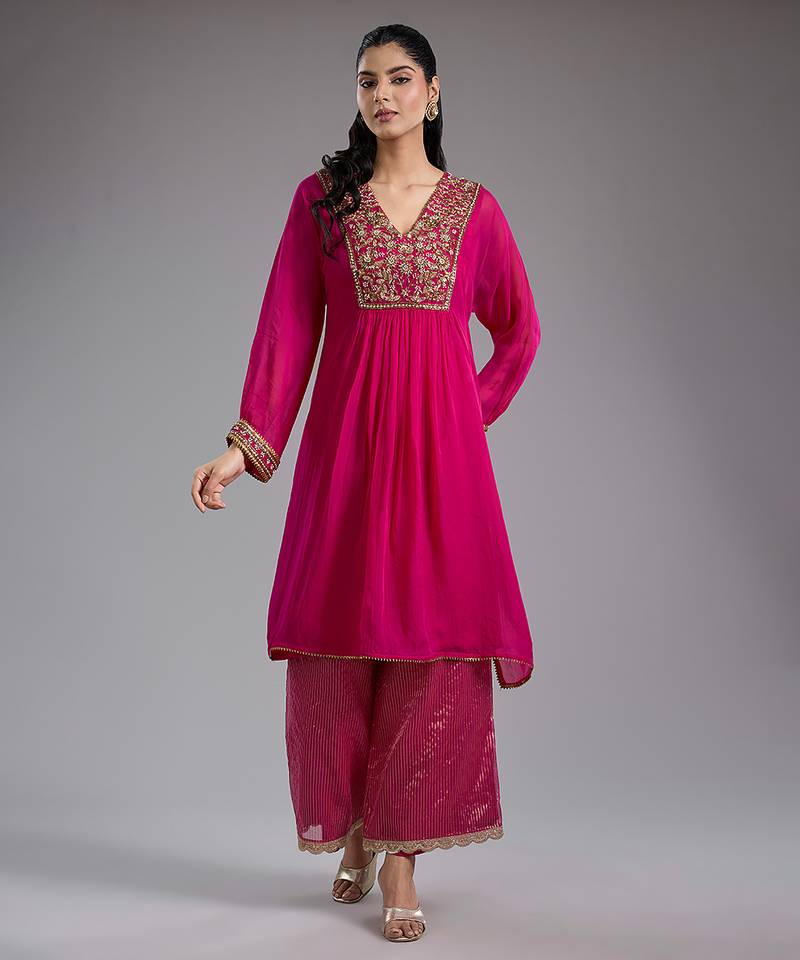 Pink embroidered organza kurta set