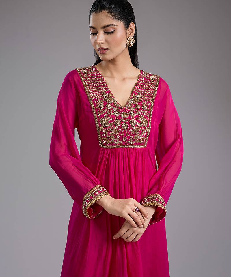 Pink embroidered organza kurta set