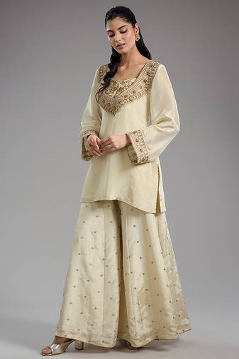 Ivory embroidered tissue sharara set