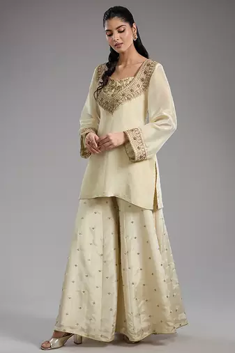 Ivory embroidered tissue sharara set