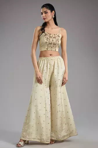 Ivory embroidered tissue sharara set