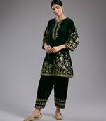 Green embroidered velvet kurta set