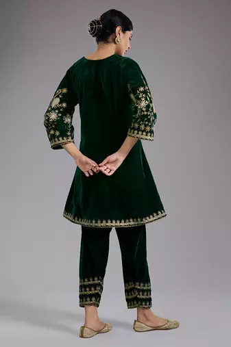 Green embroidered velvet kurta set
