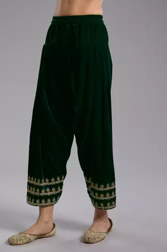 Green embroidered velvet kurta set